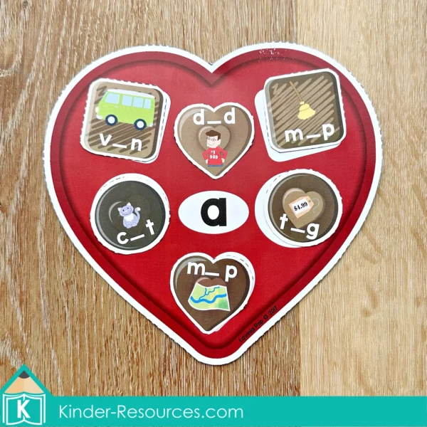 Preschool Valentine's Day Center Activities Chocolate Box Sorting CVC Words by Middle Sound