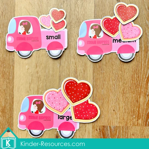 Preschool Valentine's Day Center Activities Cookies and Trucks Sorting by Size