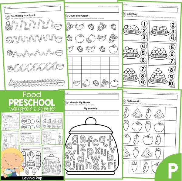 Preschool Food Worksheets and Activities. Pre-Writing Practice | Count and Graph | Counting | Letters in my Name | AB Patterns