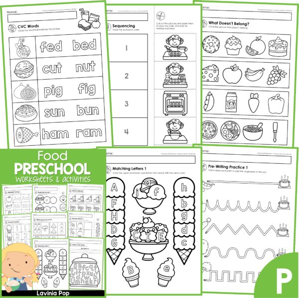 Preschool Food Worksheets and Activities. CVC Words | Sequencing | What Doesn't Belong? | Matching Letters | Pre-Writing Practice