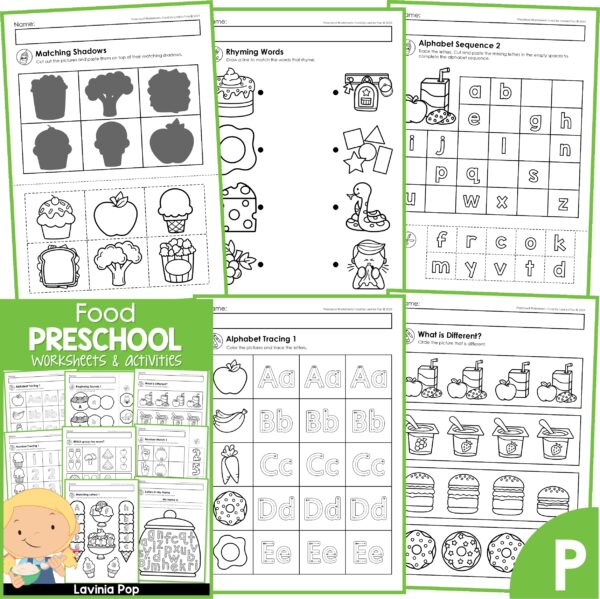Preschool Food Worksheets and Activities. Matching Shadows | Rhyming Words | Alphabet Sequence | Alphabet Tracing | What is Different?