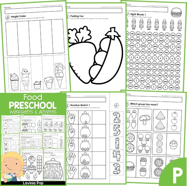 Preschool Food Worksheets and Activities. Height Order | Pasting Fun | Sight Words | Number Match | Which group has more?