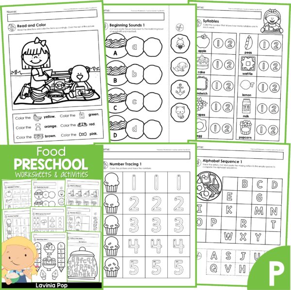 Preschool Food Worksheets and Activities. Read and Color | Beginning Sounds | Syllables | Number Tracing | Alphabet Sequence