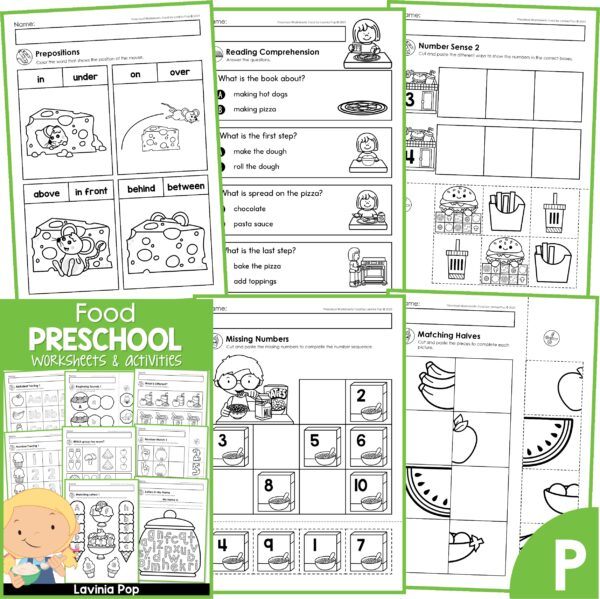 Preschool Food Worksheets and Activities. Prepositions | Reading Comprehension | NUmber Sense | Missing Numbers | Matching Halves