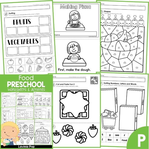 Preschool Food Worksheets and Activities. Sorting Fruit and Vegetables | Making Pizza Reader | Shapes | Cut and Paste Fun | Sorting Numbers, Letters, Words