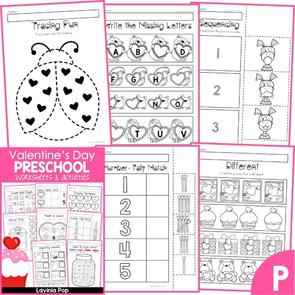 Valentine's Day Preschool Worksheets and Activities. Tracing | Missing Letters | Sequencing | Number Tally Match | Different