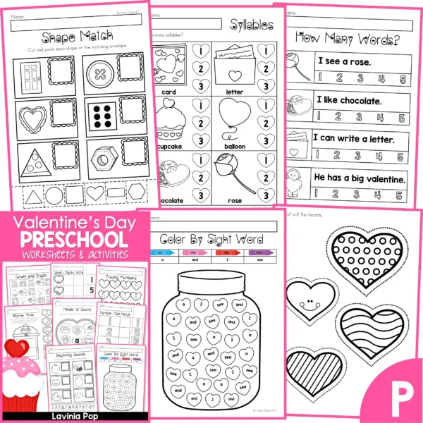 Valentine's Day Preschool Worksheets and Activities. Shape Match | Syllables | How Many Words | Color by Sight Word | Cutting Practice