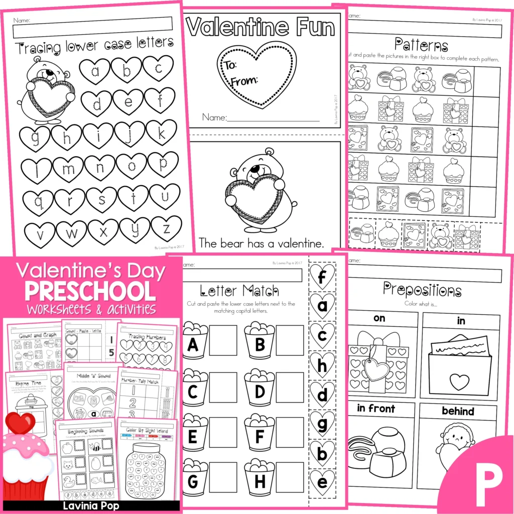 Valentine's Day Preschool Worksheets and Activities. Tracing Letters | Emergent Reader } AB Patterns | Letter Match | Prepositions