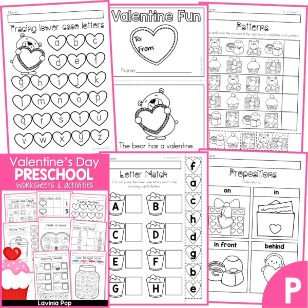 Valentine's Day Preschool Worksheets and Activities. Tracing Letters | Emergent Reader } AB Patterns | Letter Match | Prepositions