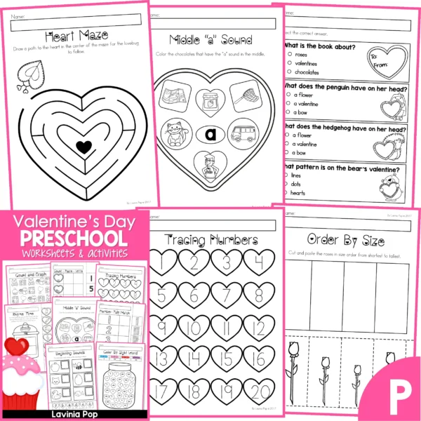Valentine's Day Preschool Worksheets and Activities. Maze ? CVC Short Vowel Sounds | Reading Comprehension | Tracing Numbers Order By Size