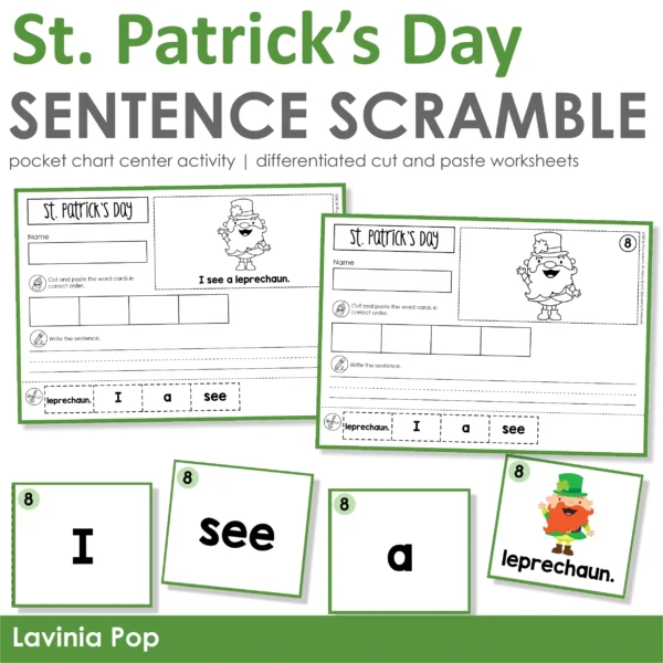 St. Patrick's Day Sentence Scramble Pocket Chart Center Activity with Cut and Paste Worksheets