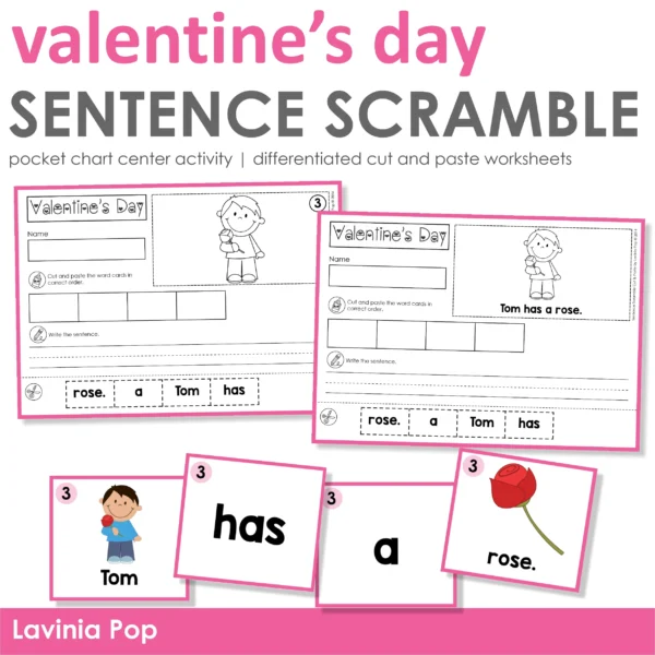 Valentine's Day Sentence Scramble Pocket Chart Center Activity with Cut and Paste Worksheets