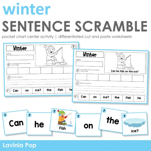 Winter Sentence Scramble Pocket Chart Center Activity with Cut and Paste Worksheets