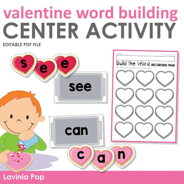 Printable Sight Word Activity for Valentine's Day. Word Work Center: Using heart shaped cookies to spell sight words