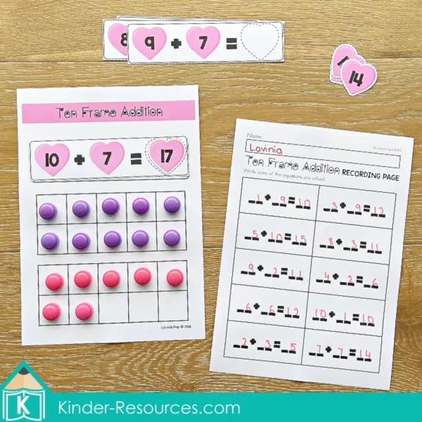 Valentine's Day Math Centers. Addition with Ten Frame with recording page