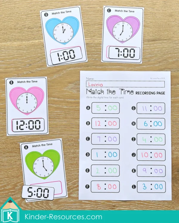 Valentine's Day Math Centers. Matching Digital and Analogue clocks with recording page