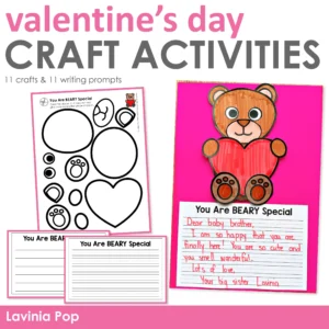 11 crafts and writing activities for Valentine's Day that include a variety of writing prompts and styles.