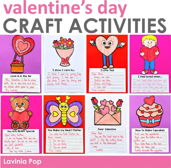 11 crafts and writing activities for Valentine's Day that include a variety of writing prompts and styles.