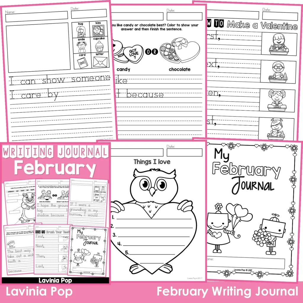 February Writing Journal Prompts. Includes a variety of text types: writing lists, labelling, procedures, opinion pieces, narrative text, letters and acrostic poems.
