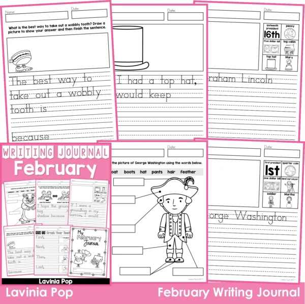 February Writing Journal Prompts. Includes a variety of text types: writing lists, labelling, procedures, opinion pieces, narrative text, letters and acrostic poems.