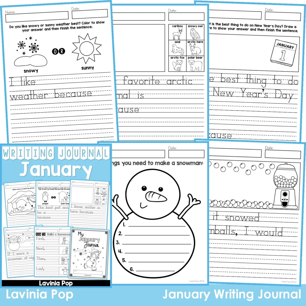 January Writing Journal Prompts. Includes a variety of text types: writing lists, labelling, procedures, opinion pieces, narrative text, letters and acrostic poems.