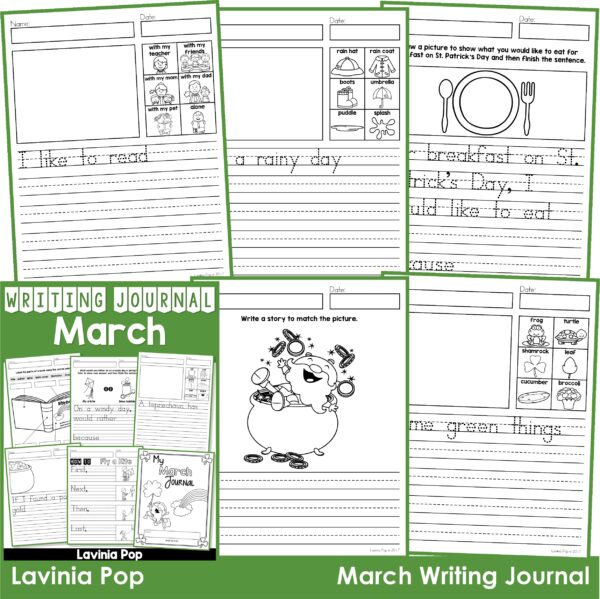 March Writing Journal Prompts. Includes a variety of text types: writing lists, labelling, procedures, opinion pieces, narrative text, letters and acrostic poems.