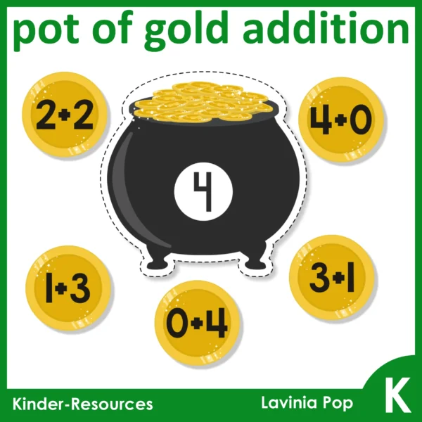 St. Patrick's Day Kindergarten Math Centers. Coins and pot of gold addition activity.