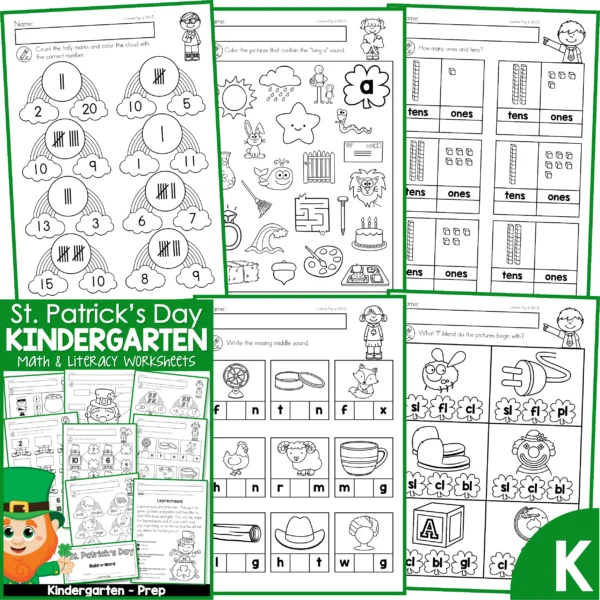 St. Patrick's Day Worksheets and Activities. tally marks | long vowel sounds | place value | middle sounds | beginning blends