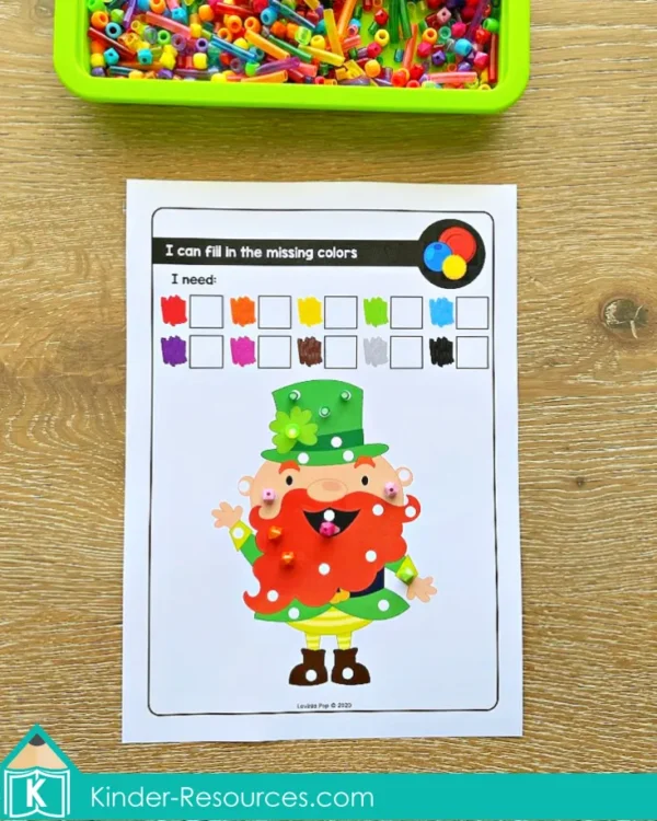 March Fine Motor Printable Activities. St. Patrick's Day leprechaun missing colors
