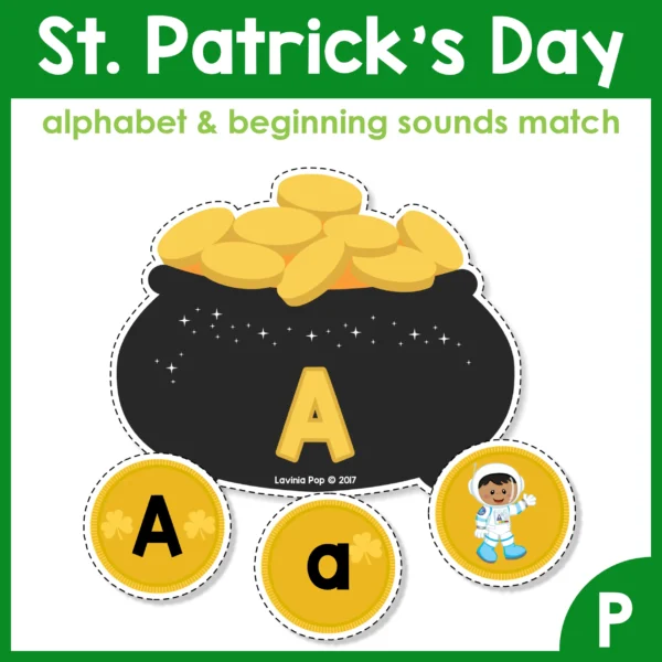 St Patrick's Day Preschool Center Activities Pot of Gold Alphabet Beginning Sounds Match
