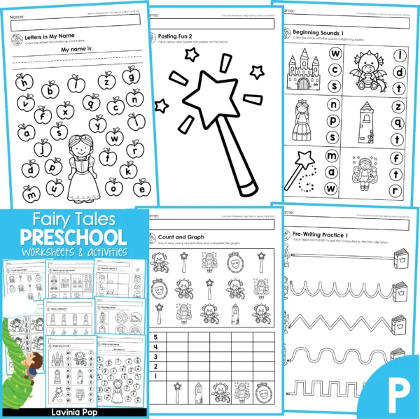 Fairy Tale Worksheets for Preschool and Kindergarten. Letters in My Name | Pasting Fine Motor | Beginning Sounds | Count and Graph Pre\Writing Practice