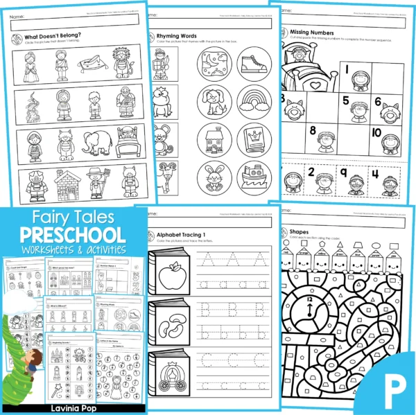 Fairy Tale Worksheets for Preschool and Kindergarten. What Doesn't Belong | Rhyming Words | Missing Numbers | Alphabet Tracing | Shapes