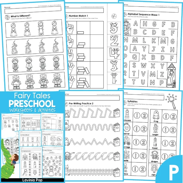 Fairy Tale Worksheets for Preschool and Kindergarten. What is Different | Number Match | Alphabet Sequence Maze | Pre-Wiring Practice | Syllables