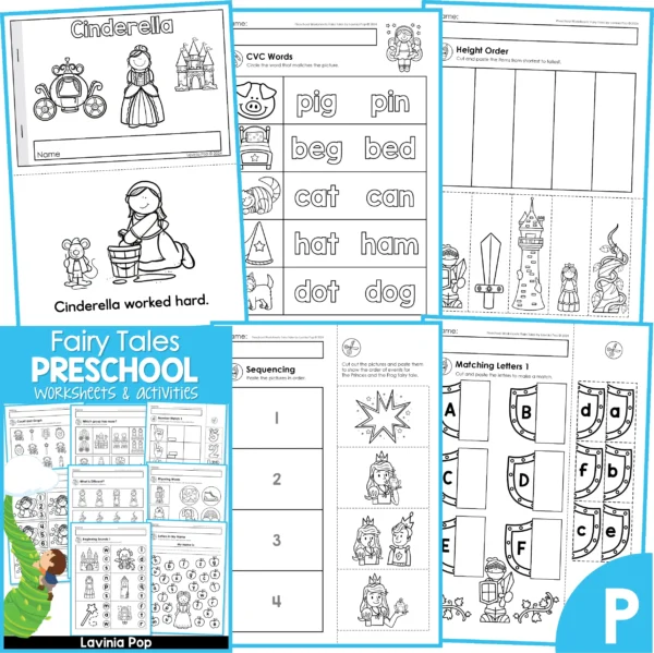 Fairy Tale Worksheets for Preschool and Kindergarten. Cinderella Emergent Reader | CVC Words | Height Order | Sequencing | Matching Letters