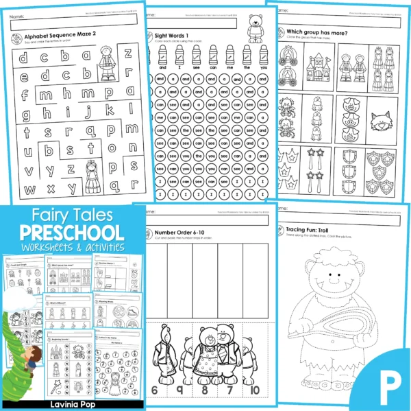 Fairy Tale Worksheets for Preschool and Kindergarten. Alphabet Sequence Maze | Sight Words | Which group has More | Number Order | Tracing Fine Motor