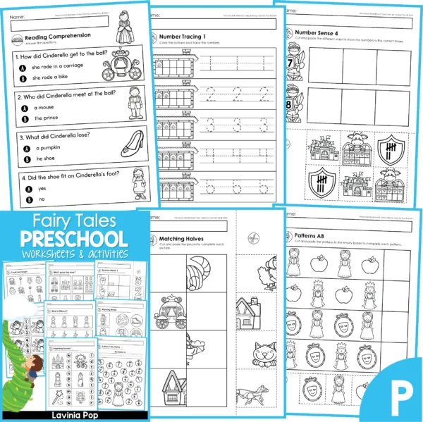 Fairy Tale Worksheets for Preschool and Kindergarten. Reading Comprehension | Number Tracing | Number Sense | Matching Halves | Patterns AB