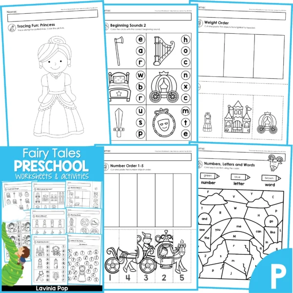 Fairy Tale Worksheets for Preschool and Kindergarten. Tracing Fun | Beginning Sounds | Weight Order | Number Order | Numbers, Letters and Words