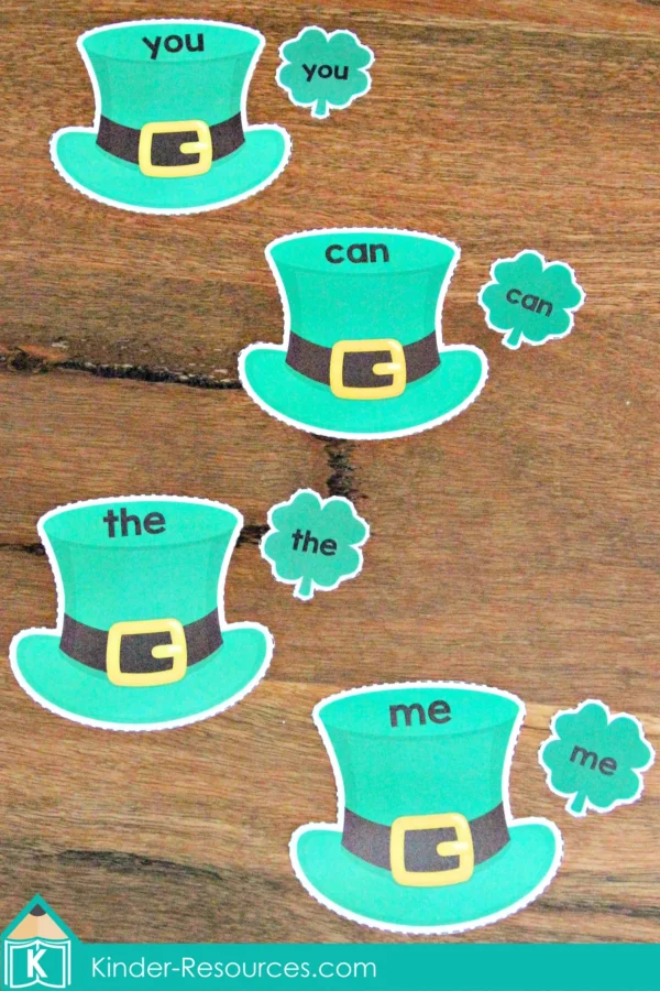 St Patrick's Day Preschool Center Activities Green Top Hat Sight Clover Words Match