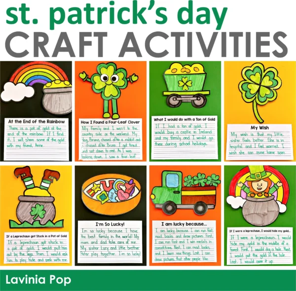 12 crafts and writing activities for St. Patrick's Day that include a variety of writing prompts and styles.