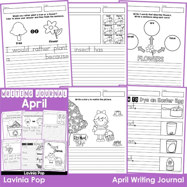 April Writing Journal Prompts. Includes a variety of text types: writing lists, labelling, procedures, opinion pieces, narrative text, letters and acrostic poems.