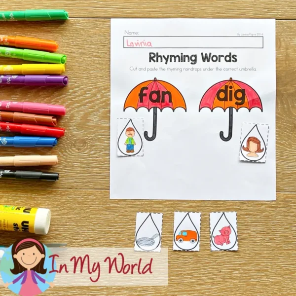 Preschool Spring Worksheets Umbrella and Raindrops Rhyming Words, Word Families