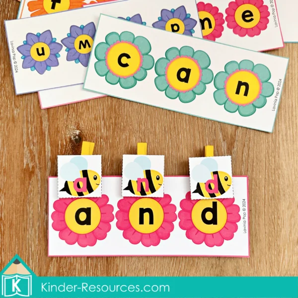 Bugs Preschool Center Activities. Bee and Flower Sight Word Spelling