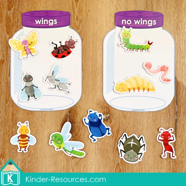 Bugs Preschool Center Activities. Sorting bugs with and without wings