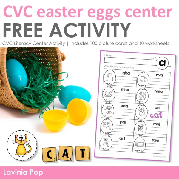 FREE printable CVC Easter eggs activity with recording pages | 100 picture cards & 10 worksheets