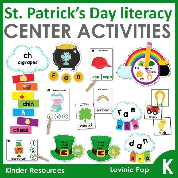 St Patrick's Day Kindergarten Literacy Centers | 9 printable center activities