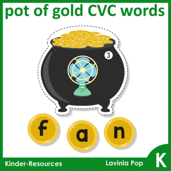 St Patrick's Day Kindergarten Literacy Centers | Pot of gold CVC word spelling activity