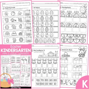 Easter Kindergarten Worksheets. Beginning sounds | AB patterns | Rhyming words | Skip counting by 10 | Secret CVC words