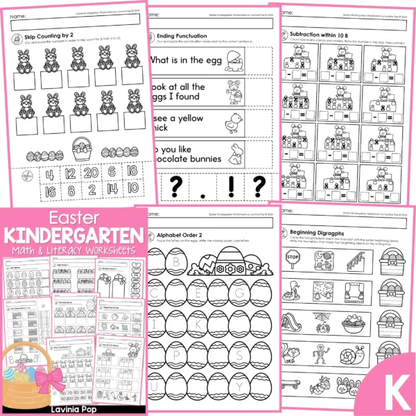 Easter Kindergarten Worksheets. Skip counting by 2 | Ending punctuation | Subtraction within 10 | Alphabet order | Beginning digraphs