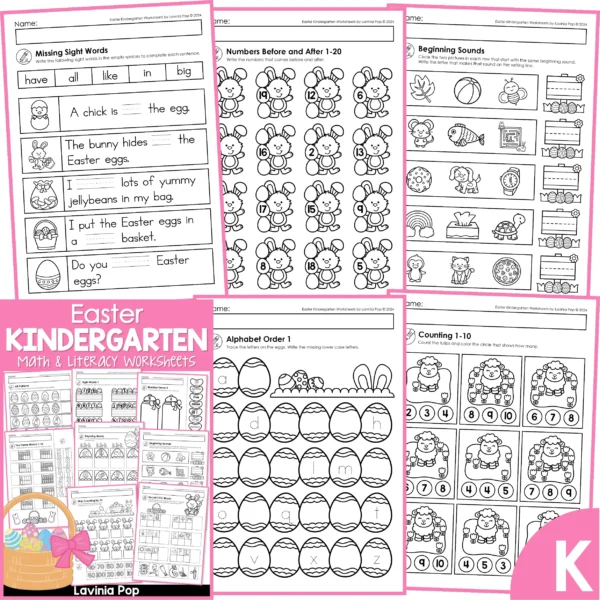 Easter Kindergarten Worksheets. Missing sight words | Numbers before and after | Beginning sounds | Alphabet order | Counting 1-10