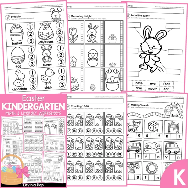 Easter Kindergarten Worksheets. Syllables | Measuring height | Label the bunny | Counting 10-20 | Missing short vowels